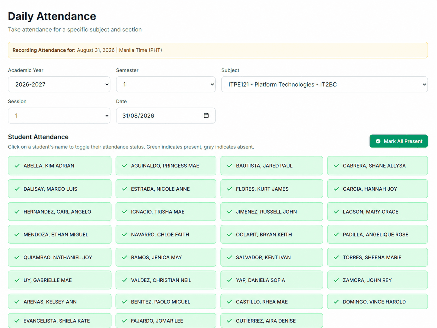 CoursePilot daily attendance interface showing a class list and present students