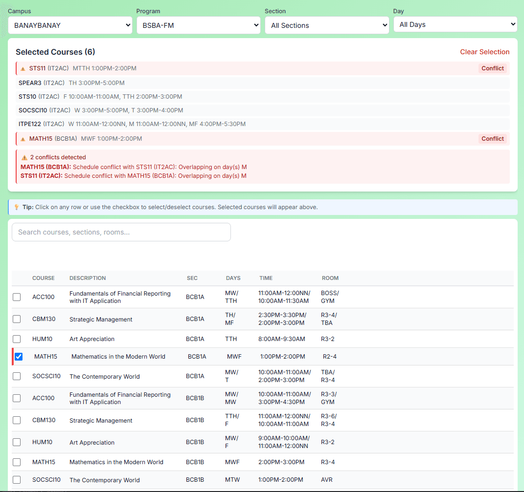 CoursePilot irregular-student planner showing selected subjects and detected time conflicts across sections