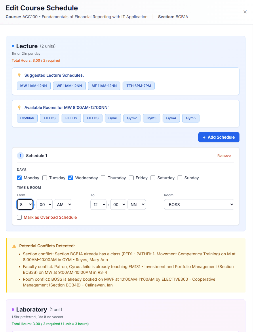 CoursePilot schedule editor showing suggested lecture times, available rooms, and faculty, room, and section conflict warnings