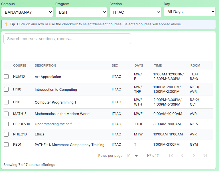 CoursePilot public timetable with searchable campus, program, section, and day filters